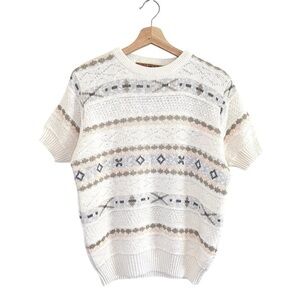 Vintage Tidewater Short Sleeve Fair Isle Cotton Knit Sweater Top Ivory Medium